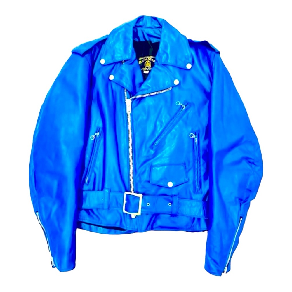 Black leather biker leather moto jacket.
